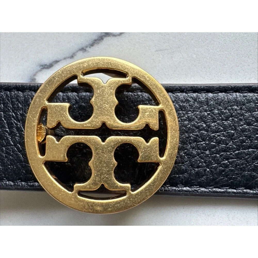 Tory Burch Miller Reversible Belt Black Brown Leather Gold Buckle XS